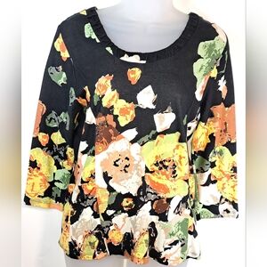 Erin London Women's Medium Floral Top 3/4 Sleeve Stretch
